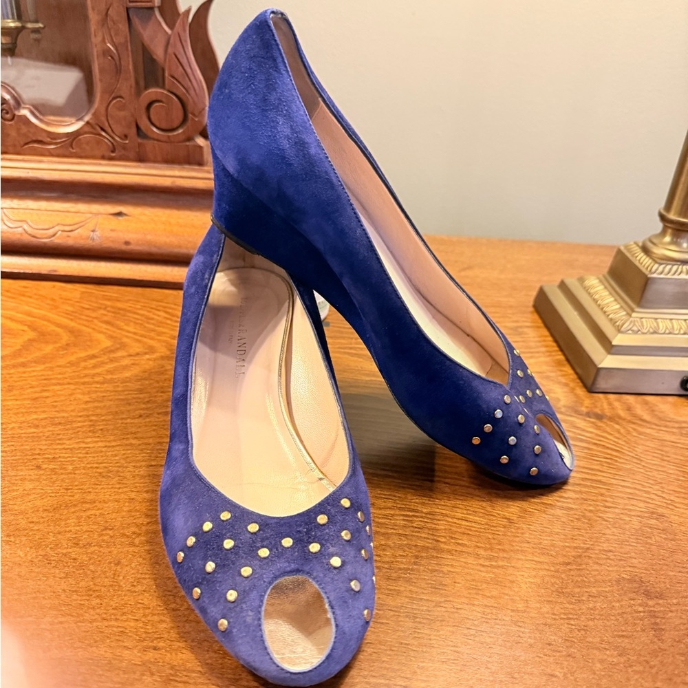 Loeffler Randall Blue Suede Leather Peep Toe 2” wedges w/ Gold Studs Size 9.5 - Picture 5 of 13